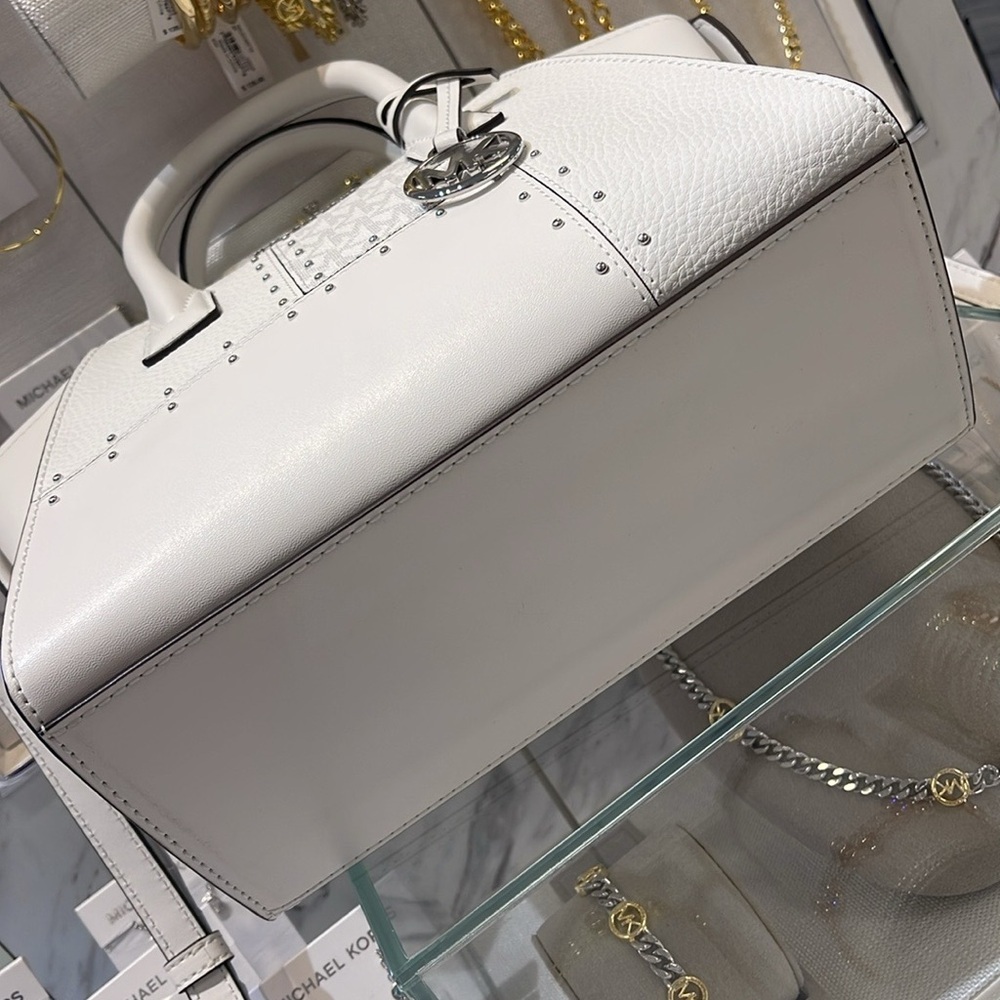 Michael Kors Avril Small Studded Patchwork and Signature Logo Satchel Crossbody - Picture 10 of 16